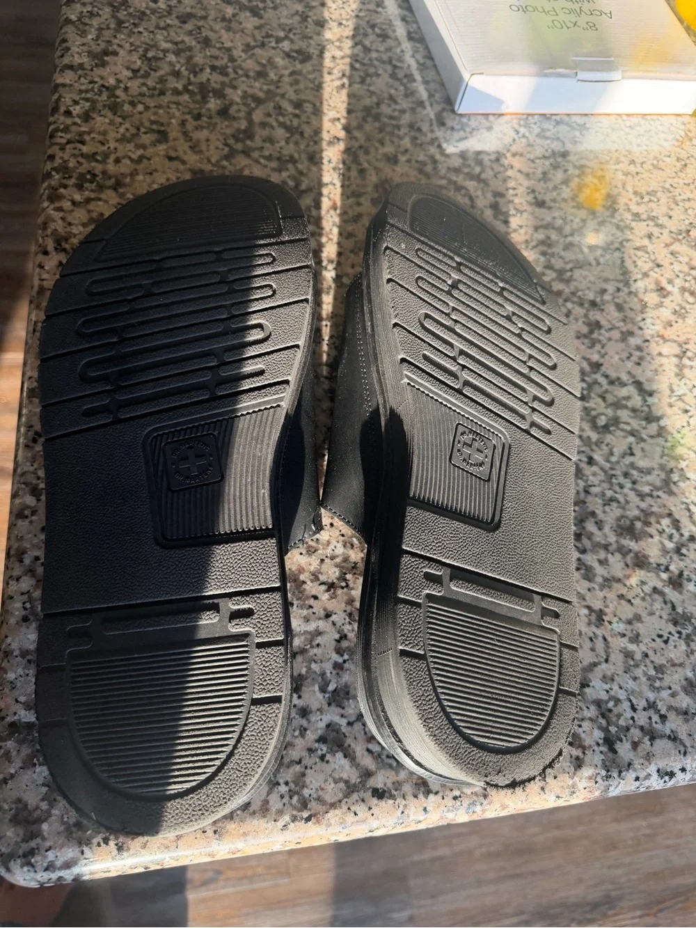 Dr. Martens Black Double-Buckle Slide Sandals with Yellow Stitching